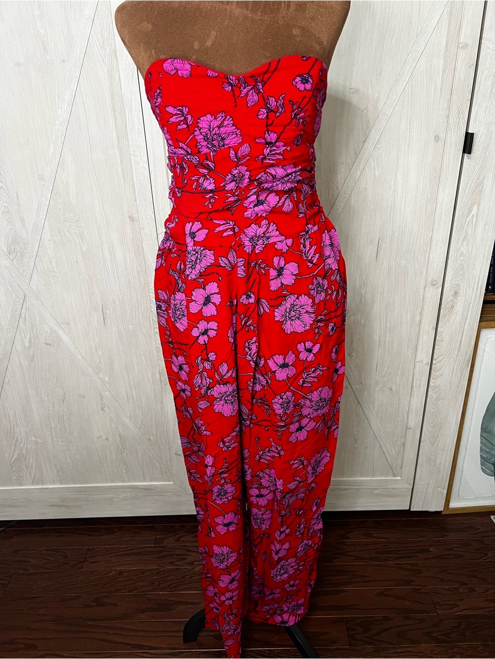 B.O.G Collective Strapless Floral Wide Leg Jumpsuit Red Pink Pockets Large